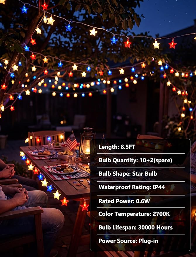 8.5Ft Red White and Blue Star Lights, 4th of July String Lights Plug in | 10 Five Star LED Bulbs, Connectable, Fourth of July Decorations for Independence Day Patriotic Party, White Wire