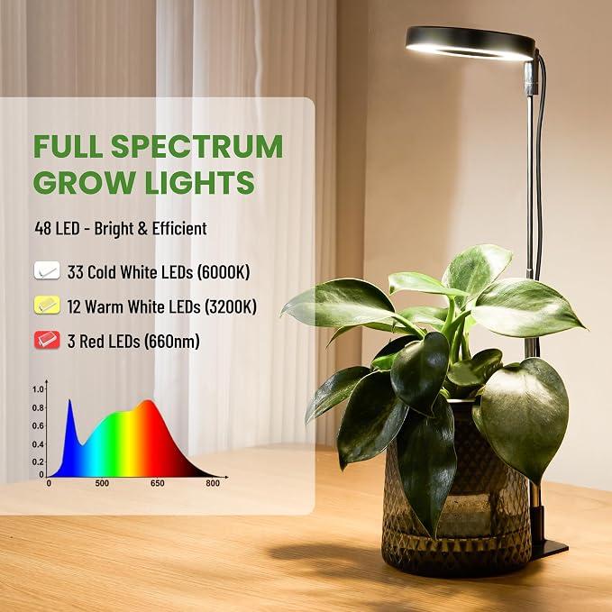 LBW Grow Lights for Indoor Plants, Full Spectrum Halo Grow Light with Base | 48 LEDs Grow Lamp for Small Plants, Base/Soil Stake, 7.8-26" Adjustable, 6/8/12/16H Timer, 3 Color Mode, 5 Brightness, 3 pack