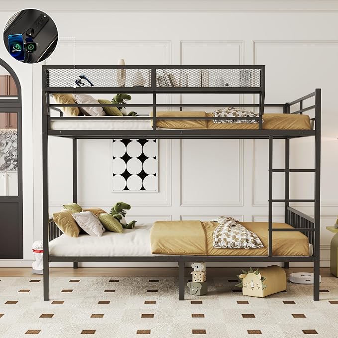 Queen Over Queen Metal Bunk Bed with Storage Shelf & USB Charging | Open Storage Shelf,2 AC Outlets,2 USB Ports,Full-Length Guardrail for Boys&Girls,Noise-Free & Stable,No Box Spring Needed