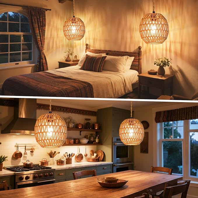Maliralt Hanging Lamps Rattan Pendant Light Hanging Lights 16.4ft Plug in Cord Pendant Light Fixture Plug Into Wall Outlet Pendant Lighting with On Off Switch for Bedroom Living (Egg Shade)