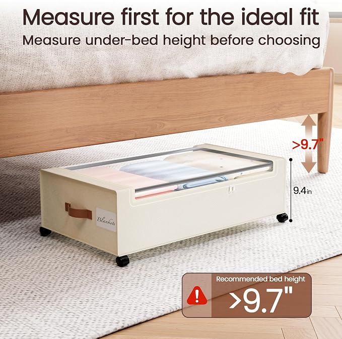 Yecaye 82L Under Bed Storage Containers, Fits 9.4" Under Bed, 2 Pack, Beige | XXL Capacity, 360° Rolling Wheels, Sturdy Metal Frame, Clear Window & Label, Storage Bins for Clothes, Shoes, Blankets