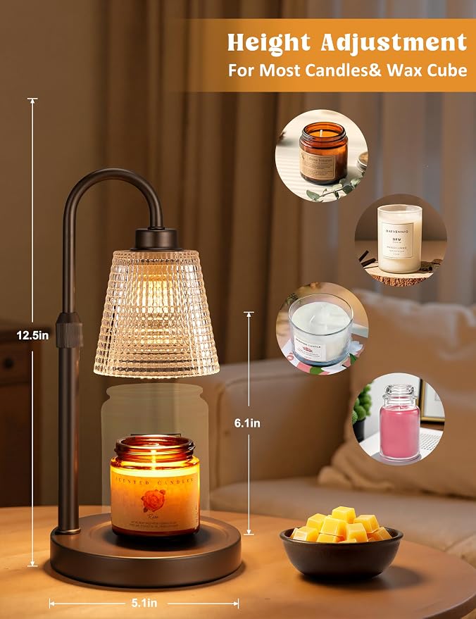 Innqoo Brown Candle Warmer Lamp with Timer, Dimmable Candle Warmer for Jar Candles, Height Adjustable Wax Melts Warmer, Birthday Gifts for Women Mom, House Warming Gifts New Home Decor