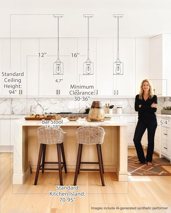 Beionxii 3 Pack Pendant Lights Kitchen Island, Clear Glass Pendant Lights | Matte Black Finish, E26 Base, UL Listied, Adjustable Hanging Height for Living Dining Rooms Bedrooms Foyers, BX-PL02MB-3CG