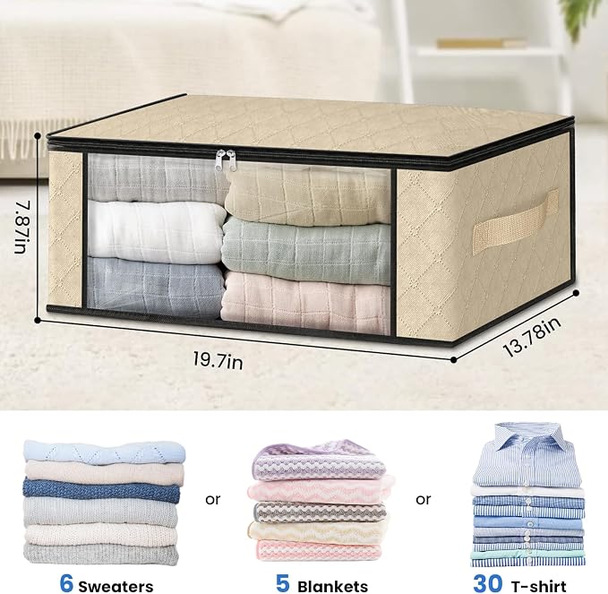 HomeHacks 10-Pack Clothes Organizer Storage Bags, 35L Storage Bins, Beige | Foldable Storage Box Container with Zippers, Clear Window, Reinforced Handles for Closet, Dorm, Pillows, Bedding, Sweater