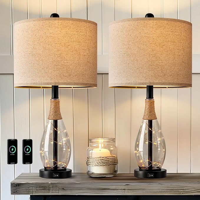 23" Table Lamps for Living Room Set of 2 Bedside Lamps for Night Stands Bedroom Lamps Farmhouse Rattan Boho Lamp Glass Nightlight End Table Lamp with USB C+A (Black),Two Light Points