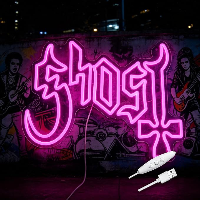 Ghost Neon Sign, Pink Neon Sign,Music Decor | Acrylic, Wall Mount, Gaming Theme, Contemporary Style, 12.2x16.5IN