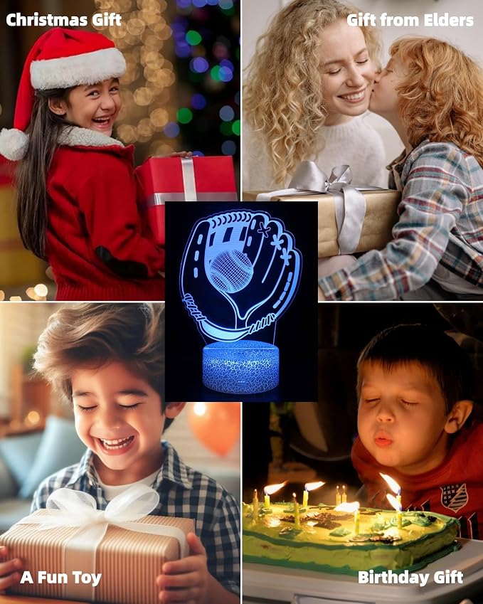 Baseball 3D Illusion Night Light, 3 Patterns, Lamp Gift for Kid | 16 Colors Changing, Dimmable, Touch & Remote Control, Boy Girl Bedroom Room Décor, Birthday Christmas Toy Teen Sports Fan
