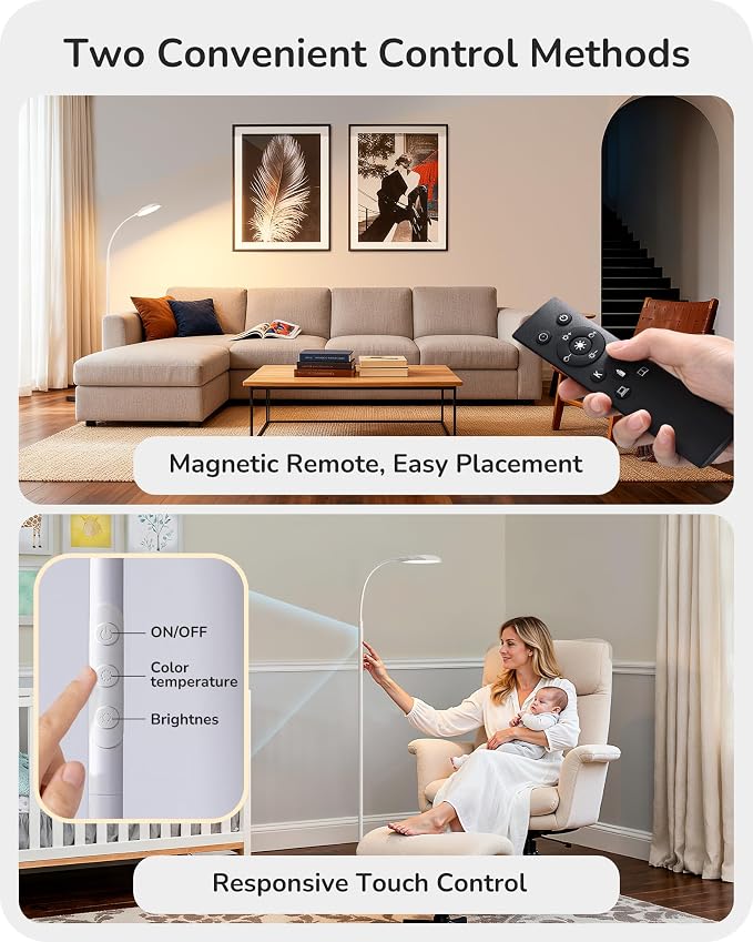 EDISHINE Gooseneck Floor Lamp 1300LM LED Floor Lamps for Living Room White | 4 Color Temperature, Dimmable, Remote & Touch Control, 30/60Min Timer, Adjustable Gooseneck for Bedroom, Office