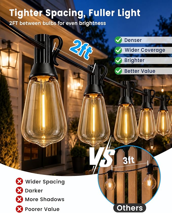 160FT(150+10) String Lights Outdoor, 2FT Bulb Spacing, Waterproof Shatterproof Warm White ST38 LED Edison Bulbs, Extension Cord, Plug in Connectable Hanging Patio Lights for Outside, Backyard