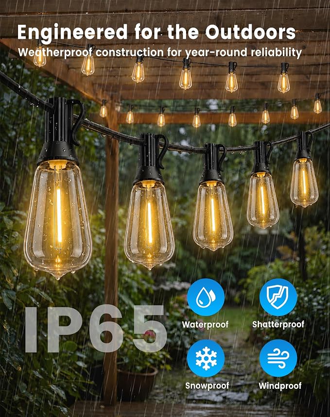 160FT(150+10) String Lights Outdoor, 2FT Bulb Spacing, Waterproof Shatterproof Warm White ST38 LED Edison Bulbs, Extension Cord, Plug in Connectable Hanging Patio Lights for Outside, Backyard