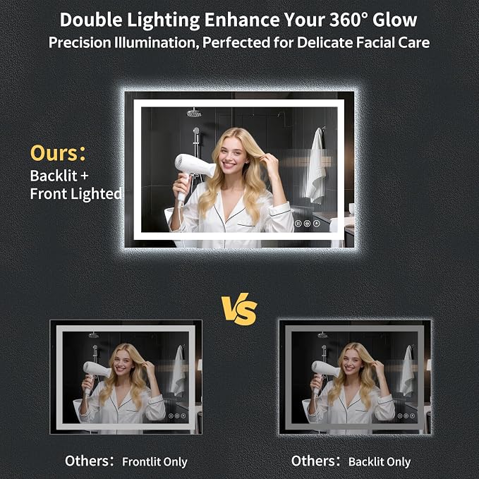 48"x32" LED Bathroom Mirror with Lights, Backlit+Frontlit, Anti-Fog | CRI 95, Stepless Dimmable, 3 Colors Lighting, Shatterproof Tempered Glass, HD Reflection, Memory, (Horizontal/Vertical)