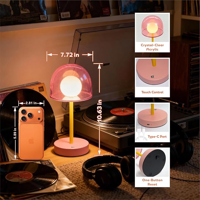 Pink Rechargeable Lamp, Coffee Table Small Lamps, Funky Desk Lamp | Cordless Touch Lamp Dimmable, Kids Bedside Lamp Touch IP44, Pink Table Top Battery Operated Light, Mini Touch Night Lamp LED