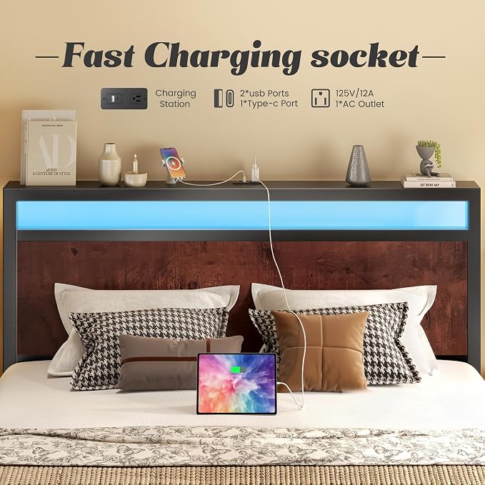 Fluest Queen Bed Frame with Headboard & Footboard, Bed Frame with Built-in Charging Station & LED Light, Storage Shelf, Noise-Free, No Box Spring Needed, Easy Assembly, Coffee Brown