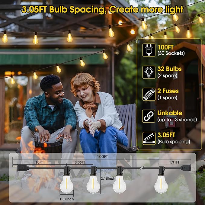 100FT Outdoor String Lights, Patio Light with 32 A39 Bulbs, Black | Plug in, Dimmer not included, Waterproof, Shatterproof, Extendable, LED Hanging Lamp for Indoor Outside Decor, Warm White