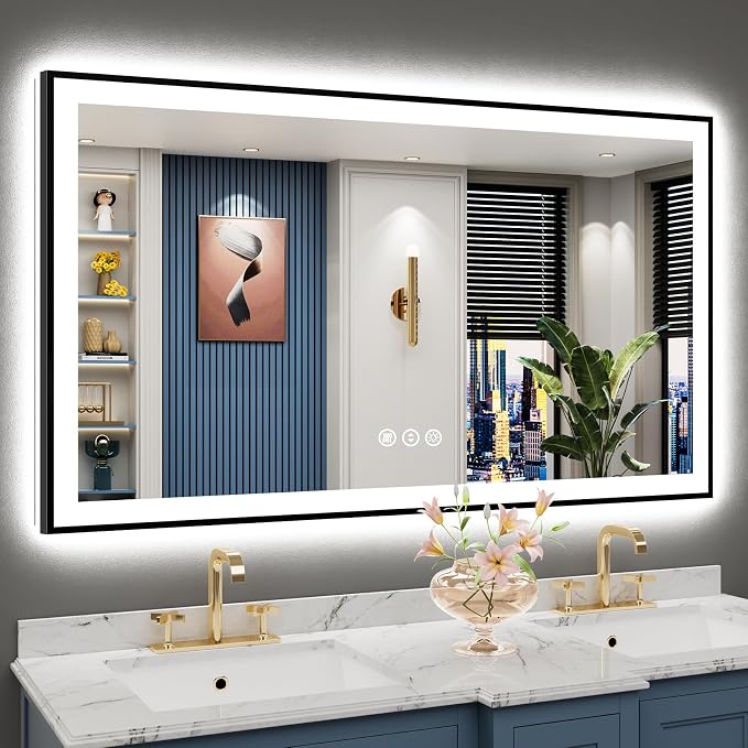 55x30 Black LED Bathroom Mirror, Backlit & Front Lit Lighted Mirror | Metal Framed Anti-Fog Vanity Mirror with Lights, 3 Color Dimmable, Memory, HD Tempered Glass, CRI95, UL Listed, Wall Mounted