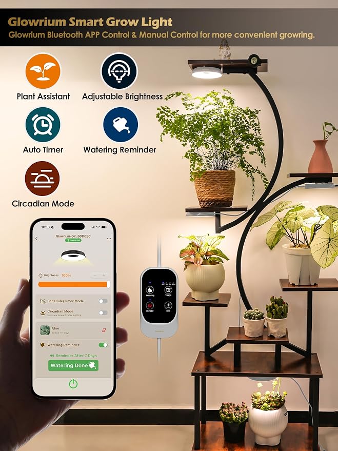 Smart Full Spectrum LED Grow Light for Indoor Plants (White 4PCS) | 32W LED Grow Lights with Auto Timer, Stepless Dimming Plant Light, APP Plant Assistant with Watering Reminder, Modular Design