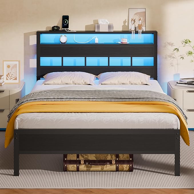 Full Size Bed Frame, Storage Headboard, LED & Charger, Black Oak | Metal Platform Bed with Heavy Duty Slats Support, 2-Tier Wood Shelf,USB & Type-C Ports,Noise-Free,No Box Spring,Easy Assembly