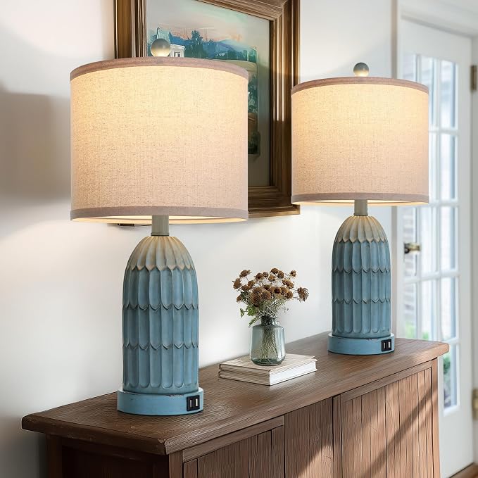 Coastal Table Bedside Lamps Set of 2, Farmhouse 3-Way Dimmable Touch Nightstand Lamp with 2 USB Charging Ports, Vintage Bedside Lamp for Bedroom Living Room End Table Retro Blue