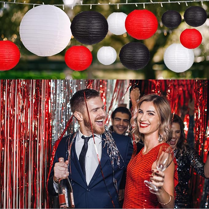 12Pcs Paper Lanterns 6”, 8”, 10”, 12”,Paperlanterns Party Decoration, Black White Red Paper Lanterns for Wedding, Bridal, Birthday, Outdoor, Home, Garden, Holiday and Party.