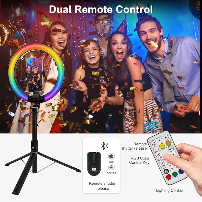 10" Selfie Ring Light with 74" Tripod Stand, RGB Full Color Modes Selfie Light with Extendable Tripod, Phone Holder, iPad Holder, Remote for iPhone & Android,TikTok/Makeup/Photography/Vlog