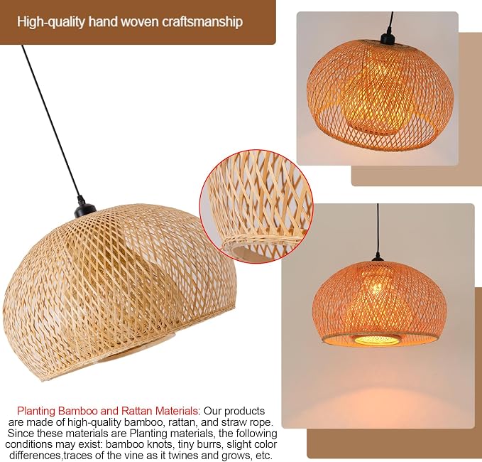 23.6" Bamboo Chadelier,Rattan Pendant Light | Hand Woven Bamboo Chandelier,23.6" Boho Wicker Hanging Light for Kitchen Island Dining Bedroom Living Room Restaurant