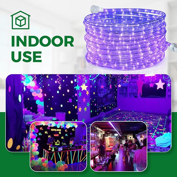 LED UV Black Light Rope Light, 24 Feet, 10MM Diameter for Glow Party | UV Blacklight for Fluorescent Glow Parties, Birthday, Halloween, Stage Decoration, Indoor Outdoor, 144 Ultraviolet LED Bulbs