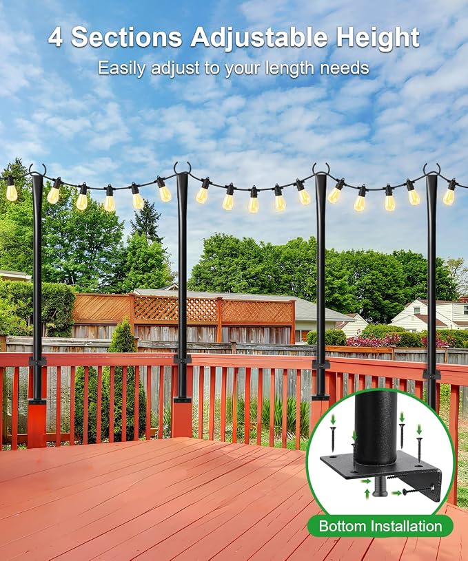 2 Pack String Light Poles for Deck, 5Ft Heavy-Duty Metal Deck Light Poles for Outside with Fixing Clips, Lighting Hanging Post Accessories for Patio Decor Garden Backyard Yard Fence Porch Decorations
