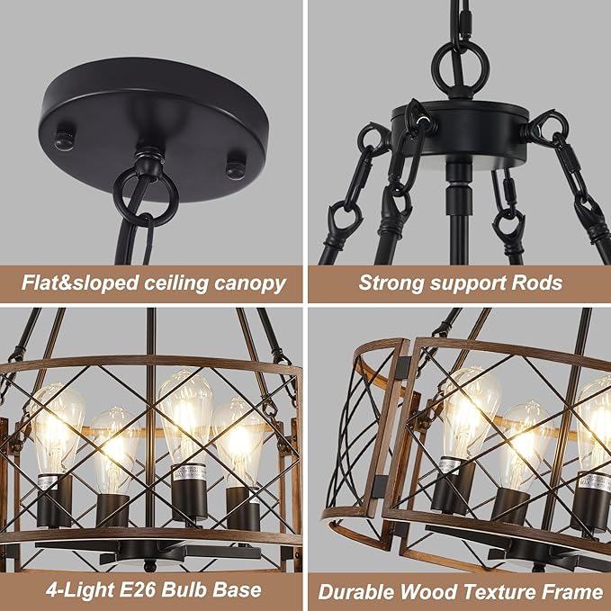 20'' Farmhouse Chandelier, 4-Light Black & Wood Grain Dining Room Light Fixture Over Table, Rustic Industrial Drum Hanging Pendant Lights Fixture for Kitchen Island Bedroom Hallway Foyer Entryway