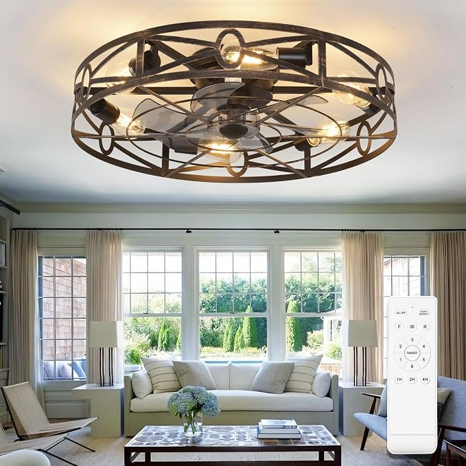 Depuley Flush Mount Ceiling Fan: 24" Caged Ceiling Fans with Remote Control for Patio Kitchen Bedroom - Low Profile Fandelier Lights Fixture Reversible 6 Speed Timer Brone 6*E26 Bulb Not Included