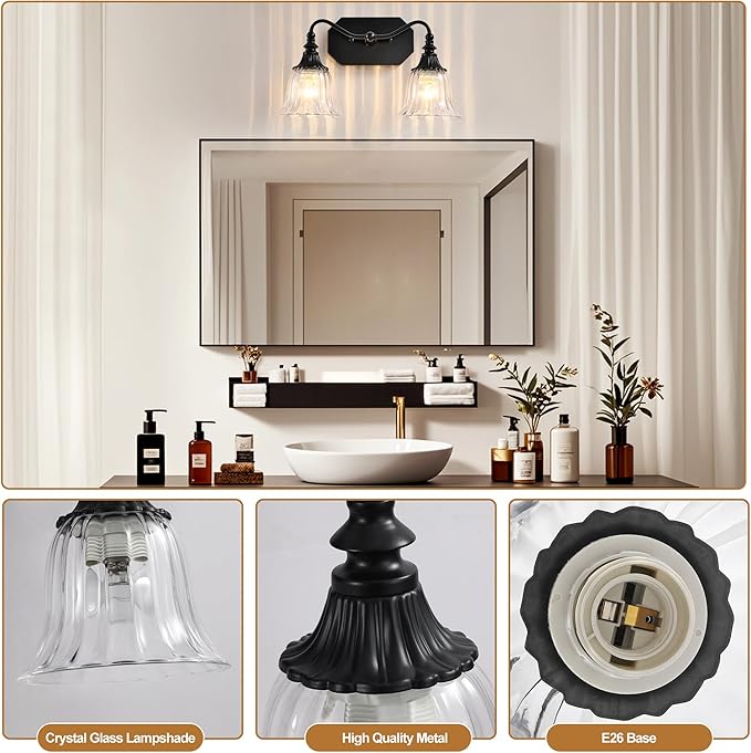 Bathroom Vanity Light Fixture, 2 Lights Bathroom Lighting Matte Antique Brass Finish with Crystal Glass Shade, Vintage Vanity Light for Bathrooms