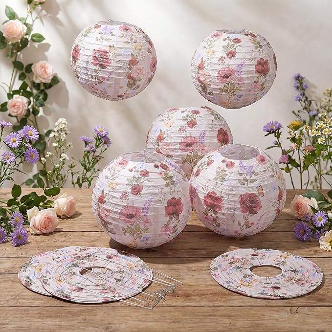 Honoson 12 Pcs Rose Paper Lanterns Tea Party Decorations Spring Floral Rose Flower Birthday Party Decorations 10 Inch Hanging Round Paper Lanterns for Wedding Bridal Shower Baby Shower