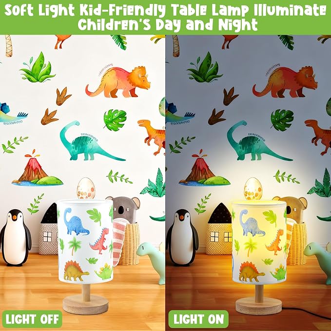 Dinosaur Table Lamp for Kids Bedroom - Cartoon Dinosaur Bedside Lamp with Linen Lampshade Wooden Stand Night Light for Boys Bedroom Living Room Nursery Room Decor Dino Gifts for Boys