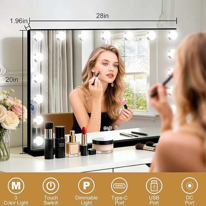 Moonee Vanity Mirror with Lights, Black Hollywood Lighted Makeup Mirror with 17 Dimmable Bulbs and 10X Magnification, 3 Colors Modes, Aluminum Metal Frame, Light Up Mirror for Tabletop/Wall（28" x 20"）