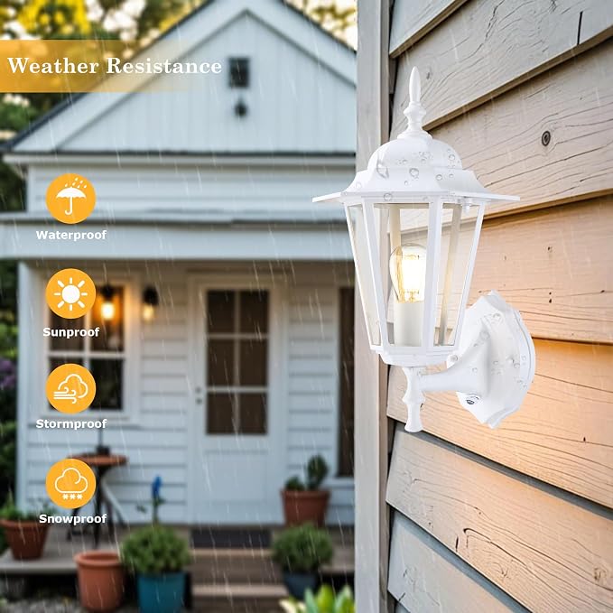 GRUENLICH Outdoor Wall Light Fixture, Rustproof Aluminum, Glass | Dusk to Dawn Exterior Porch Light Wall Sconce Lantern for House, Patio, Garage, Waterproof, E26 Socket 60W Max, White, 1 Pack