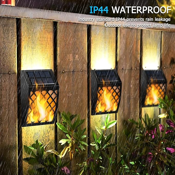 Dynaming Solar Flame Wall Lights Outdoor, 8 Pack Solar Powered Wall Lights, Flickering Flame Auto On/Off Wall Mounted Fence Deck Lights Lattice Decorative for Garage Garden Pathway Patio Porch Yard