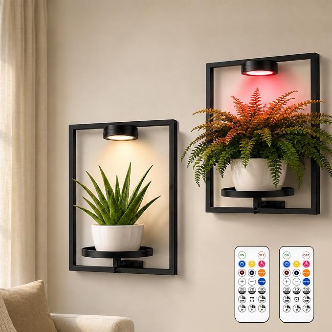 2 Pack Plant Wall Shelf with Grow Light, Wall Mounted Indoor Plant Shelf | Rechargeable Cordless Magnetic Grow Light with Remote Timer Dimming, Floating Plant Shelf for Living Room Office Decor