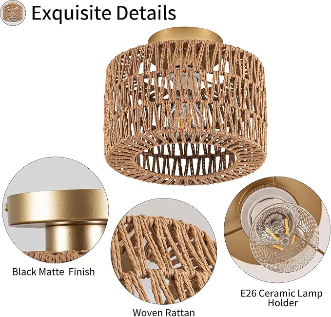 Rattan Ceiling Light, Gold Semi Flush Mount Ceiling Light, Boho Light Fixture for Bedroom Entryway Hallway, 1 Light