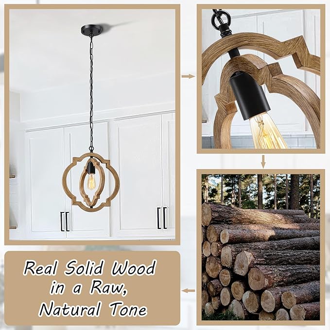 2-Pack Farmhouse Pendant Light Fixtures, Wood Grain Hanging Lights for Kitchen Island, Adjustable Height, E26 Base, Sloped Ceiling Compatible, Rustic Ceiling Light