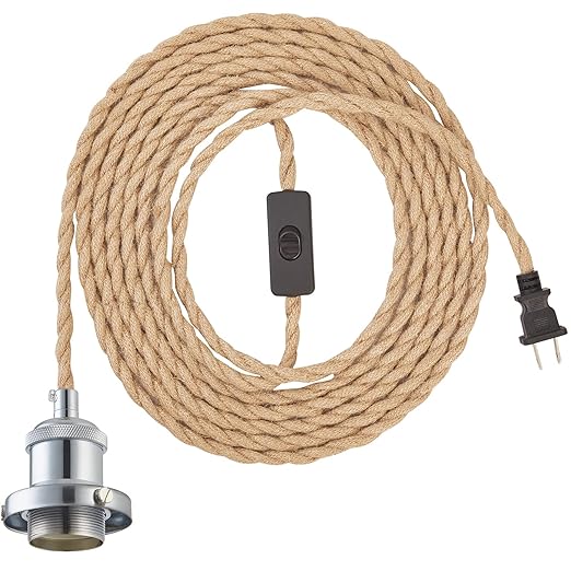 15.4ft Pendant Light Cord Kit, Industrial Vintage Plug in E26 Socket Hanging Light with Switch, Hemp Rope Hanging Light Fixture for Pendant Lamp Farmhouse Lamp Cable DIY