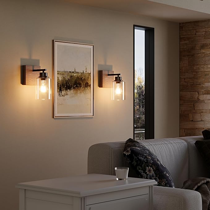 Rayogale Wireless Battery Operated Wall Sconce Set of 2 with Remote Control | Black & Walnut Dimmable Rechargeable Wall Lights with Timer, Easy Install Glass Lamp for Living Room Bedroom, Emergency 3000K