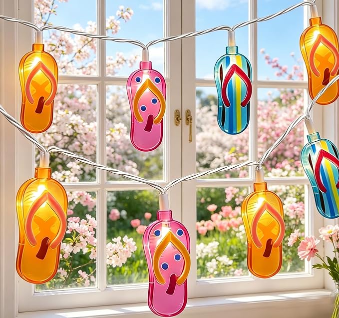 10 LED Tropical Beach Flip Flop Lights, 8.5Ft Slipper Camping String Lights | Plug in, Connectable, 10 Multicolor Hanging Fairy Lights, Summer Hawaiian Decoration for Outside Party Garden Home Decor