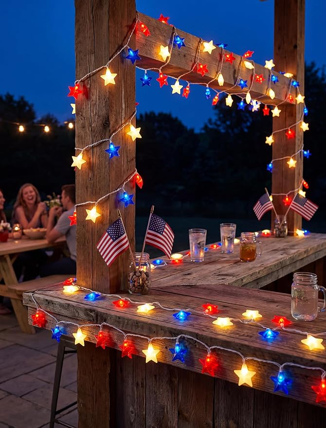 8.5Ft Red White and Blue Star Lights, 4th of July String Lights Plug in | 10 Five Star LED Bulbs, Connectable, Fourth of July Decorations for Independence Day Patriotic Party, White Wire