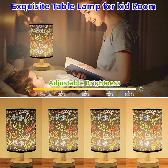 Video Game Table Lamp Kids Bedside Lamps for Bedroom 3 Colors Dimmable Nightstand Night Light Game Lover Decorative Lights with Flaxen Fabric Shade Desk Lamp for Girls Boys Home Playroom Decor