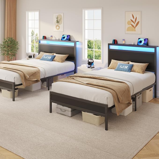 Fluest Twin Bed Frame with Headboard & Footboard, Twin Bed Frame with Charging Station & LED Light, Under-Bed-Storage, No Box Spring Needed, Noise Free, Easy Assembly, Classic Black