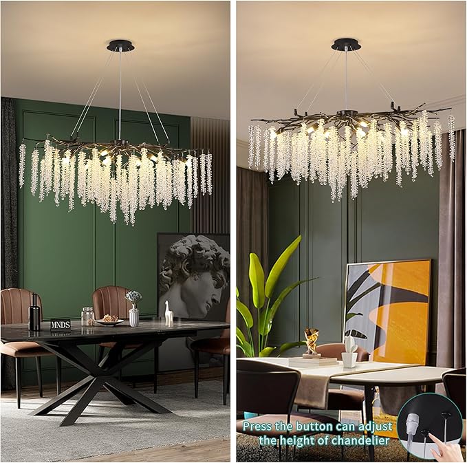 Tree Branch Chandelier L39.5 Inch Black Luxury Rectangular Crystal Raindrop Pendant Light 12 Lights Kitchen Island Hanging Light Fixture for Living Room Dining Room Foyer Entryway