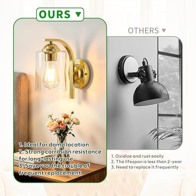 2-Pack Wall Sconces Lights Lamp for Bedroom Bathroom, Modern Vanity Light Fixtures, Gold Farmhouse Wall Mount Lighting Lanterns with Clear Glass Shade for Living Room Mirror Hallway Kitchen