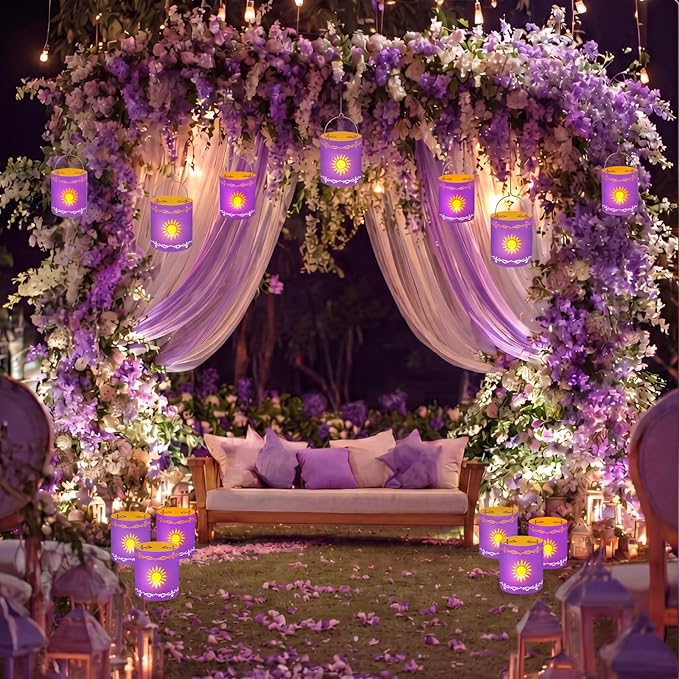 Fuyoooo 20 Set Paper Sun Lantern with LED Candles for Centerpieces LED Tea Lights with Paper Bags Battery Operation for Princess Wedding Party, Halloween, Christmas Decoration(Purple,Sun)