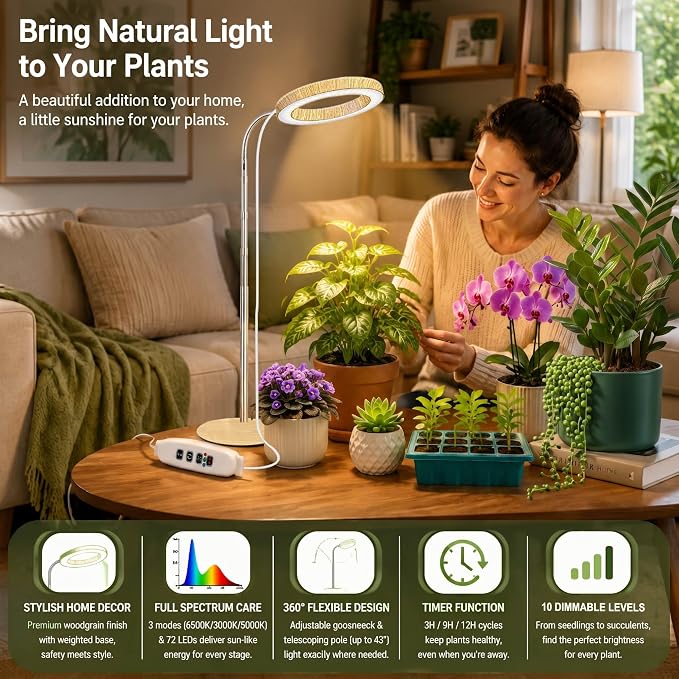 Grow Lights for Indoor Plants Full Spectrum, Desk LED Plant Light with Faux Wood Grain, 12"-43" Height Adjustable, Auto On/Off Timer 3/9/12H, 3 Modes 10 Dimmable Levels for Succulents, Herbs