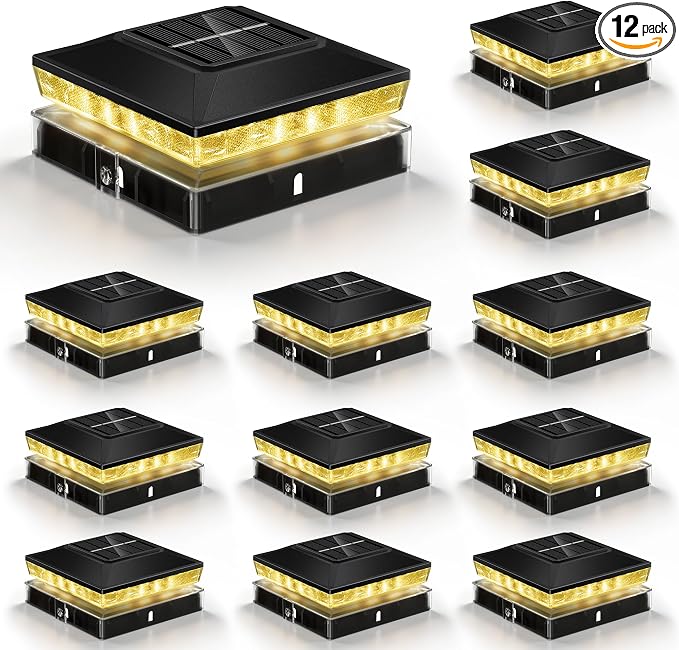 Solar Post Cap Lights 12 Pack, Post Lights for 4x4 Wood/Vinyl Posts | 3.5x3.5/4x4 Fence Post Solar Lights, IP65 Waterproof, 10-12H Upgraded Warm/Cool White Glow for Garden/Patio/Porch - Black