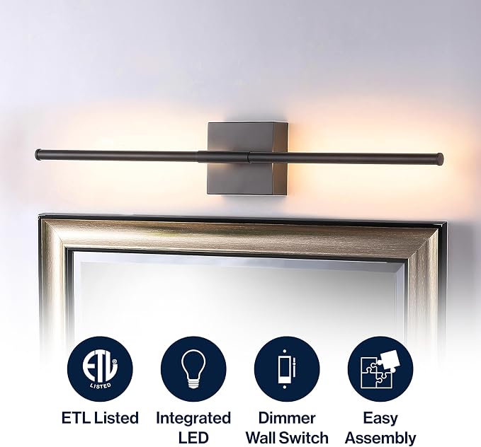 JONATHAN Y Makena 28" 1-Light LED Wall Sconce, Black | Dimmable, Modern, Integrated 12W, Hardwired, Sleek Metal, Ambient, Bathroom Mirror, Bedroom, Hallway, Vanity Mount